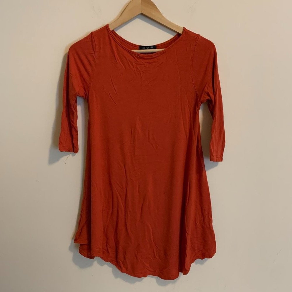 All For You Womens Size Small Tunic Dress Orange 3/4 Sleeve Round Neck